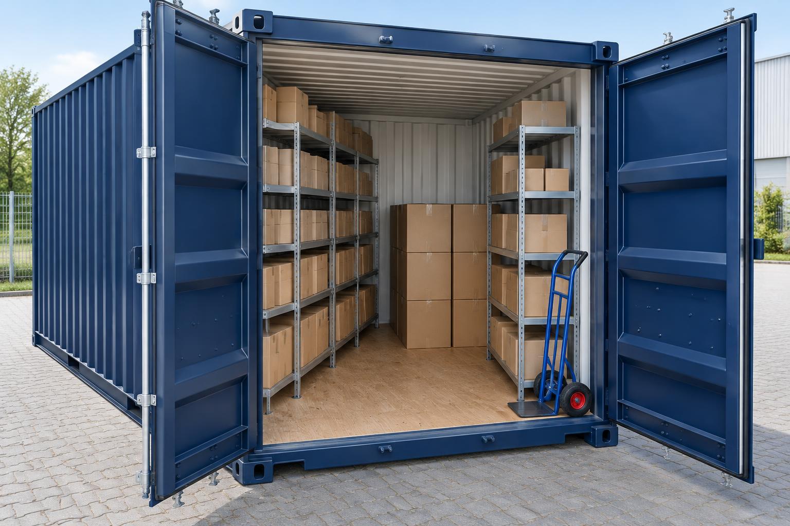 Illustration: Warenkartons in Regalen eines offenen Lagercontainers